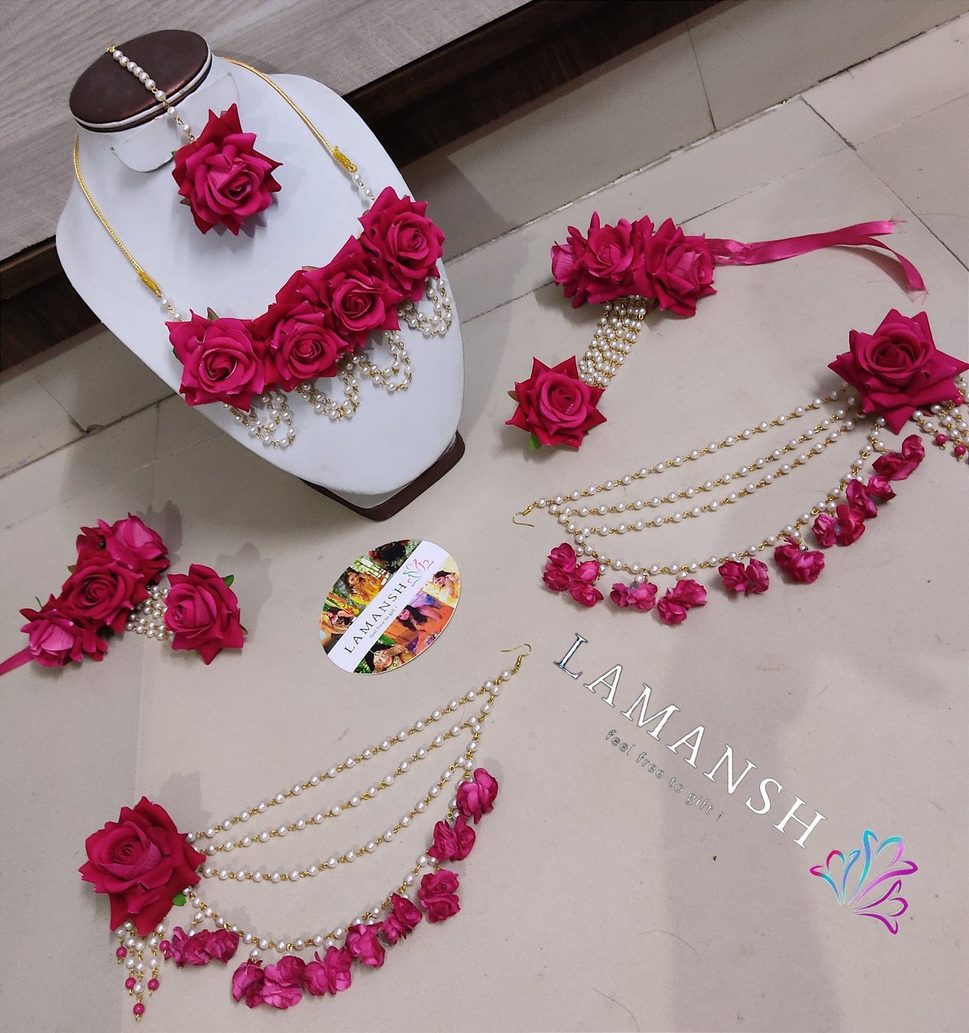 Lamansh latest floral set 1 Necklace, 2 Earrings with side chain ,1 Maangtika & 2 Bracelet attached with ring / Hot Pink LAMANSH® Bridal Rose Hot Pink 🌺 Collection Bridal Flower Jewellery set