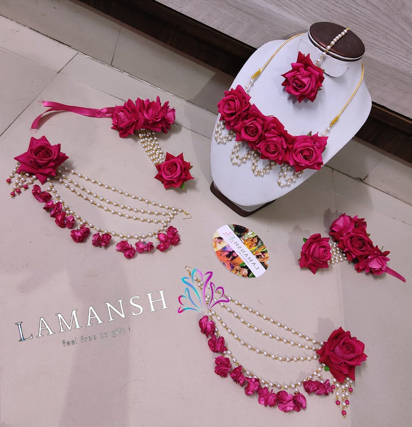 Lamansh latest floral set 1 Necklace, 2 Earrings with side chain ,1 Maangtika & 2 Bracelet attached with ring / Hot Pink LAMANSH® Rose Hot Pink 🌺 Collection Bridal Flower Jewellery set