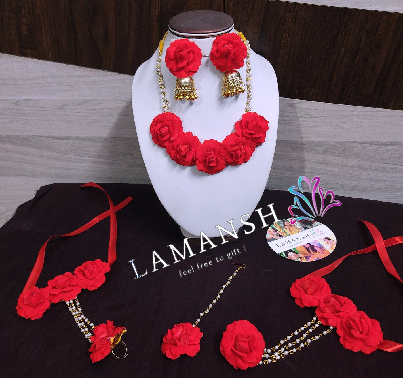 LAMANSH® Bridal Collection Red Rose Jewellery Set with Jhumki