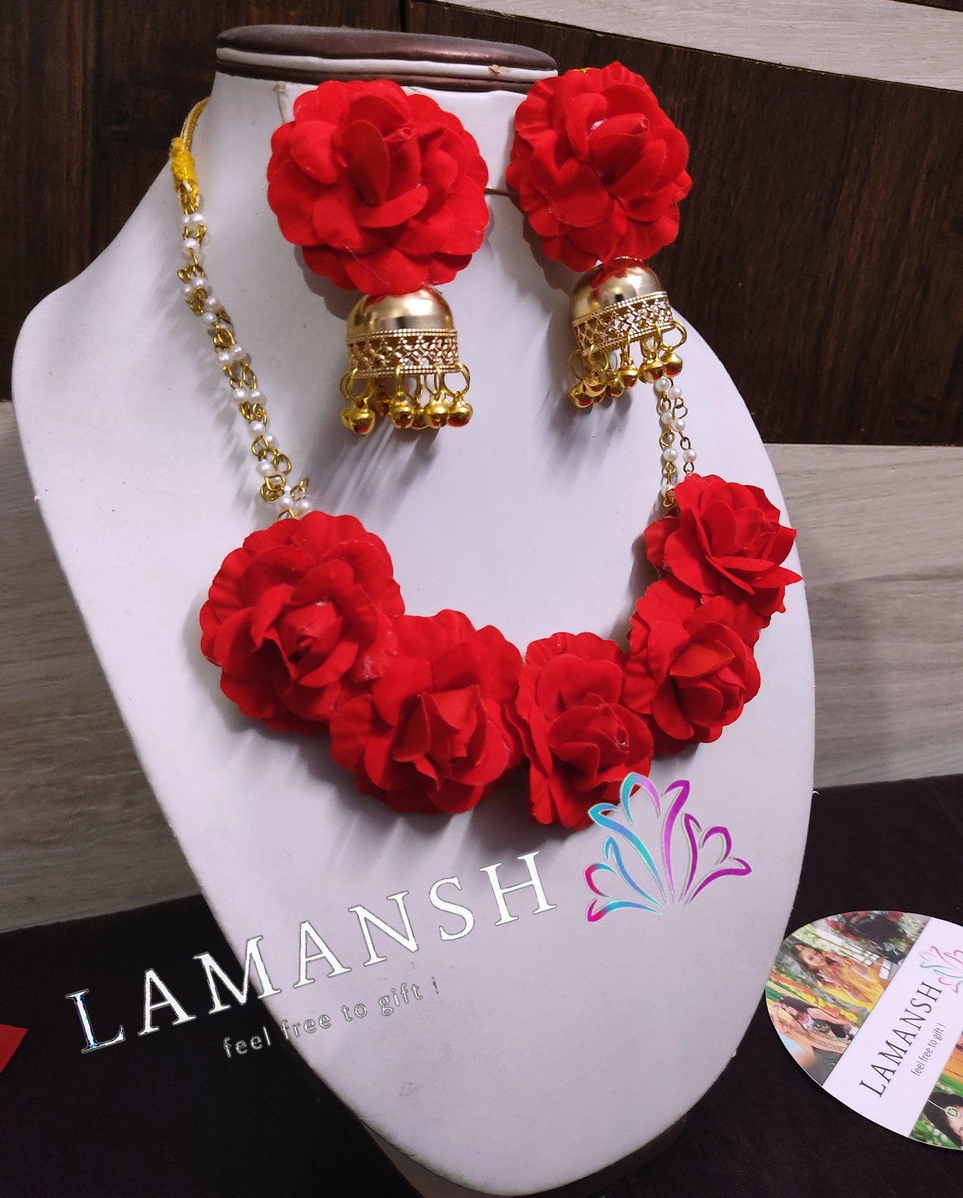 Lamansh latest floral set 1 Necklace, 2 Jhumki Earrings ,1 Maangtika & 2 Bracelet attached with ring / Red LAMANSH® Bridal Collection Red Rose Jewellery Set with Jhumki earrings for Women & Girls / Haldi Set