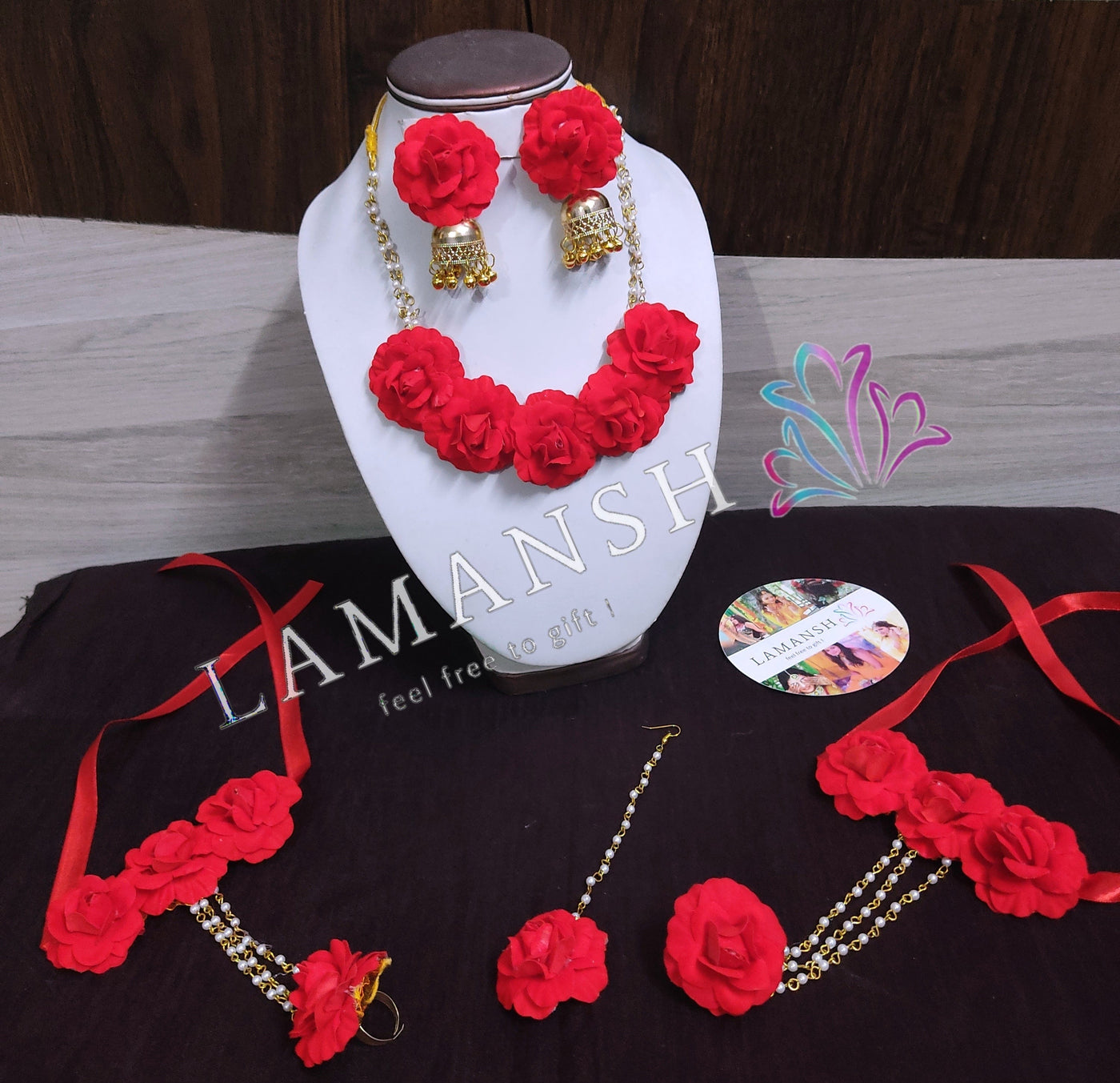 Lamansh latest floral set 1 Necklace, 2 Jhumki Earrings ,1 Maangtika & 2 Bracelet attached with ring / Red LAMANSH® Bridal Collection Red Rose Jewellery Set with Jhumki earrings for Women & Girls / Haldi Set