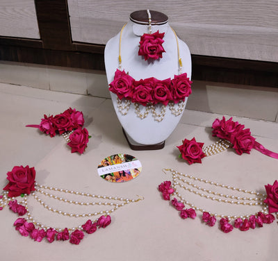 Lamansh latest floral set 1 Necklace, 2 Jhumki Earrings ,1 Maangtika & 2 Bracelet attached with ring / Red LAMANSH® Rose🌹Collection Bridal Flower Jewellery set