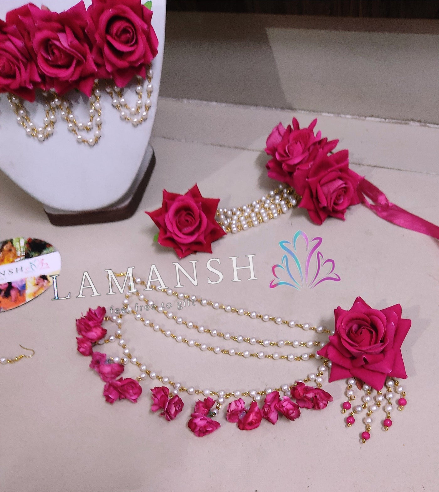 Lamansh latest floral set 1 Necklace, 2 Jhumki Earrings ,1 Maangtika & 2 Bracelet attached with ring / Red LAMANSH® Rose🌹Collection Bridal Flower Jewellery set