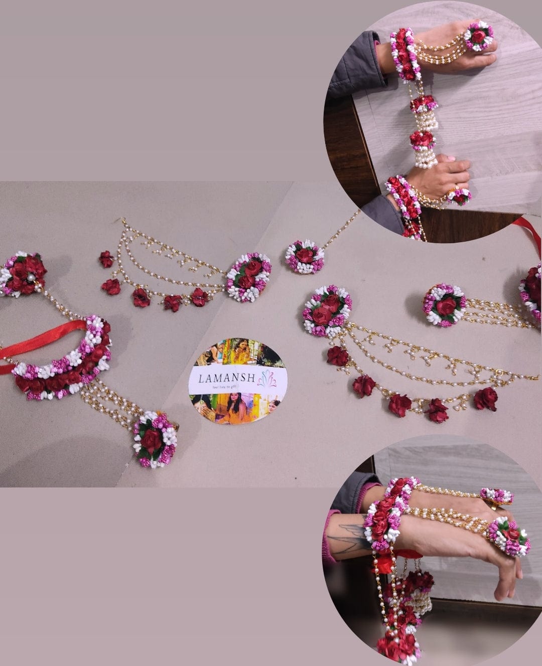 Lamansh latest floral set 2 Earrings with side chain ,1 Maangtika & 2 Hathphools with Kaleere / Hot Pink & White LAMANSH® Bridal Flower Jewellery set with Kaleere / Artificial Bridal Floral set