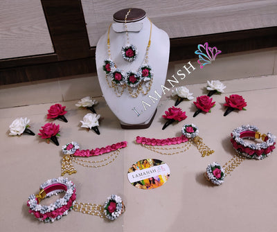 Lamansh latest floral set LAMANSH® Artificial Pink - Silver Flower Jewellery set for Haldi & Mehendi ceremony