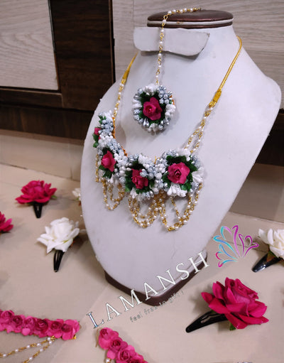 Lamansh latest floral set LAMANSH® Artificial Pink - Silver Flower Jewellery set for Haldi & Mehendi ceremony