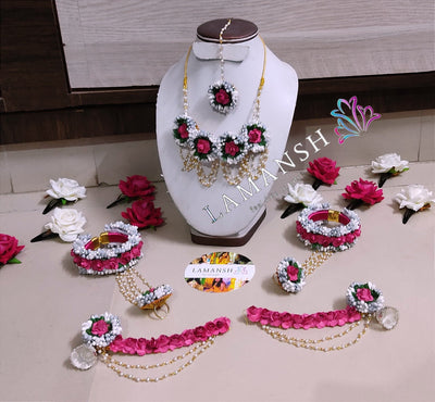 Lamansh latest floral set Silver Jhumki LAMANSH® Artificial Pink - Silver Flower Jewellery set for Haldi & Mehendi ceremony