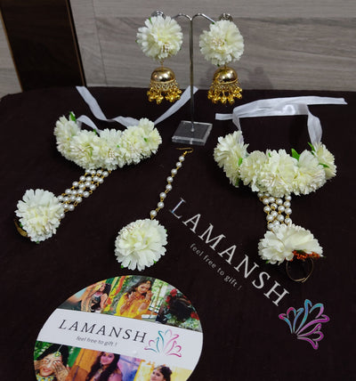 LAMANSH latest floral set White / Standard / Modern Bride look Lamansh® 🌸 Floral Jhumki Earrings , Teeka & Bracelets set / Mehendi Jewellery Set