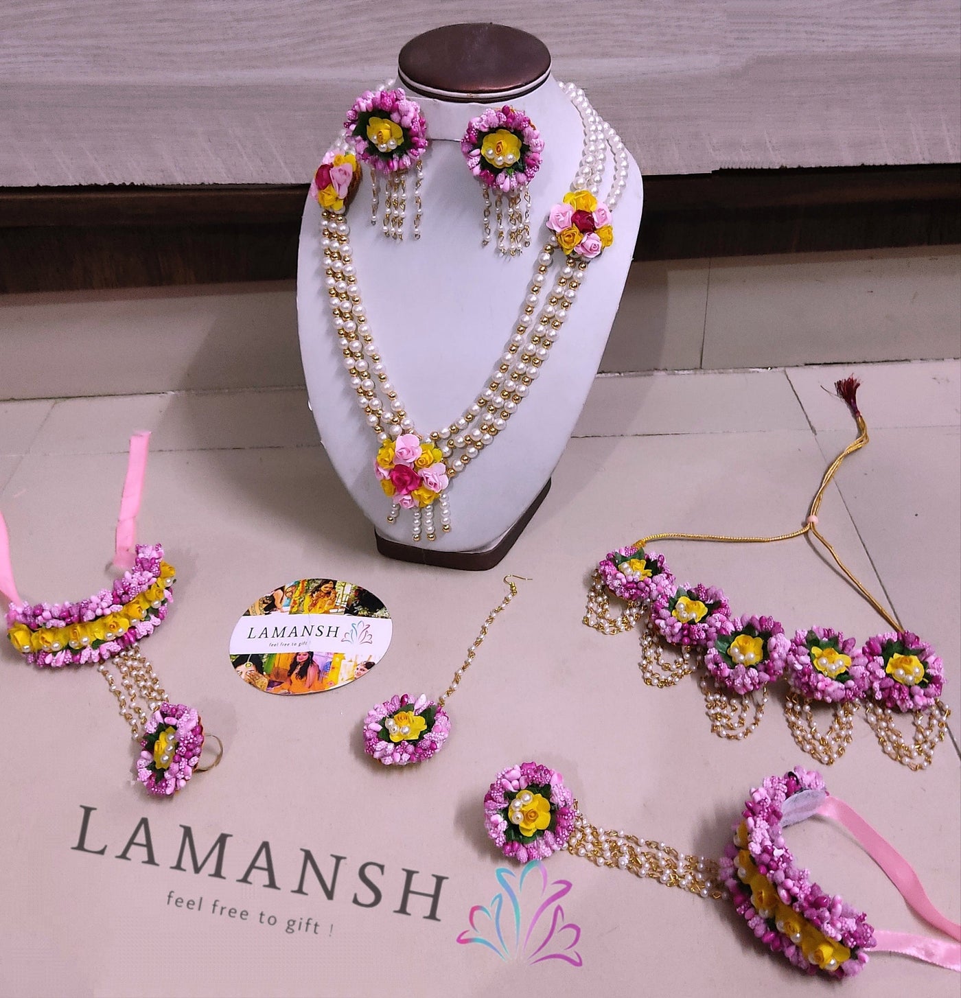 LAMANSH latest floral set Yellow , Baby Pink & Dark Pink / 1 Necklace, 1 Choker , 2 Earrings , 2 Hathphools & 1 Maangtika LAMANSH® Artificial Paper Flower Jewellery set with Choker for Haldi & Mehendi ceremony❤️