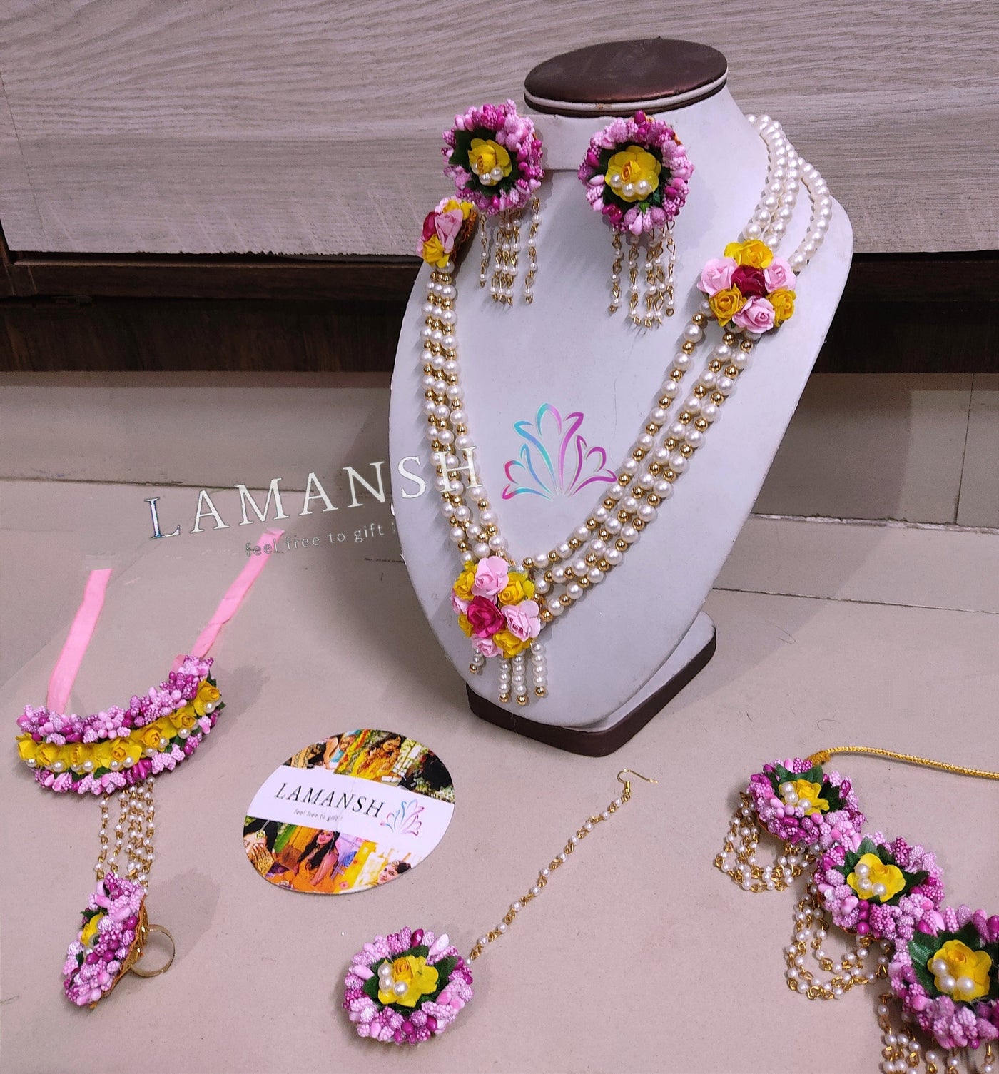 LAMANSH latest floral set Yellow , Baby Pink & Dark Pink / 1 Necklace, 1 Choker , 2 Earrings , 2 Hathphools & 1 Maangtika LAMANSH® Artificial Paper Flower Jewellery set with Choker for Haldi & Mehendi ceremony❤️