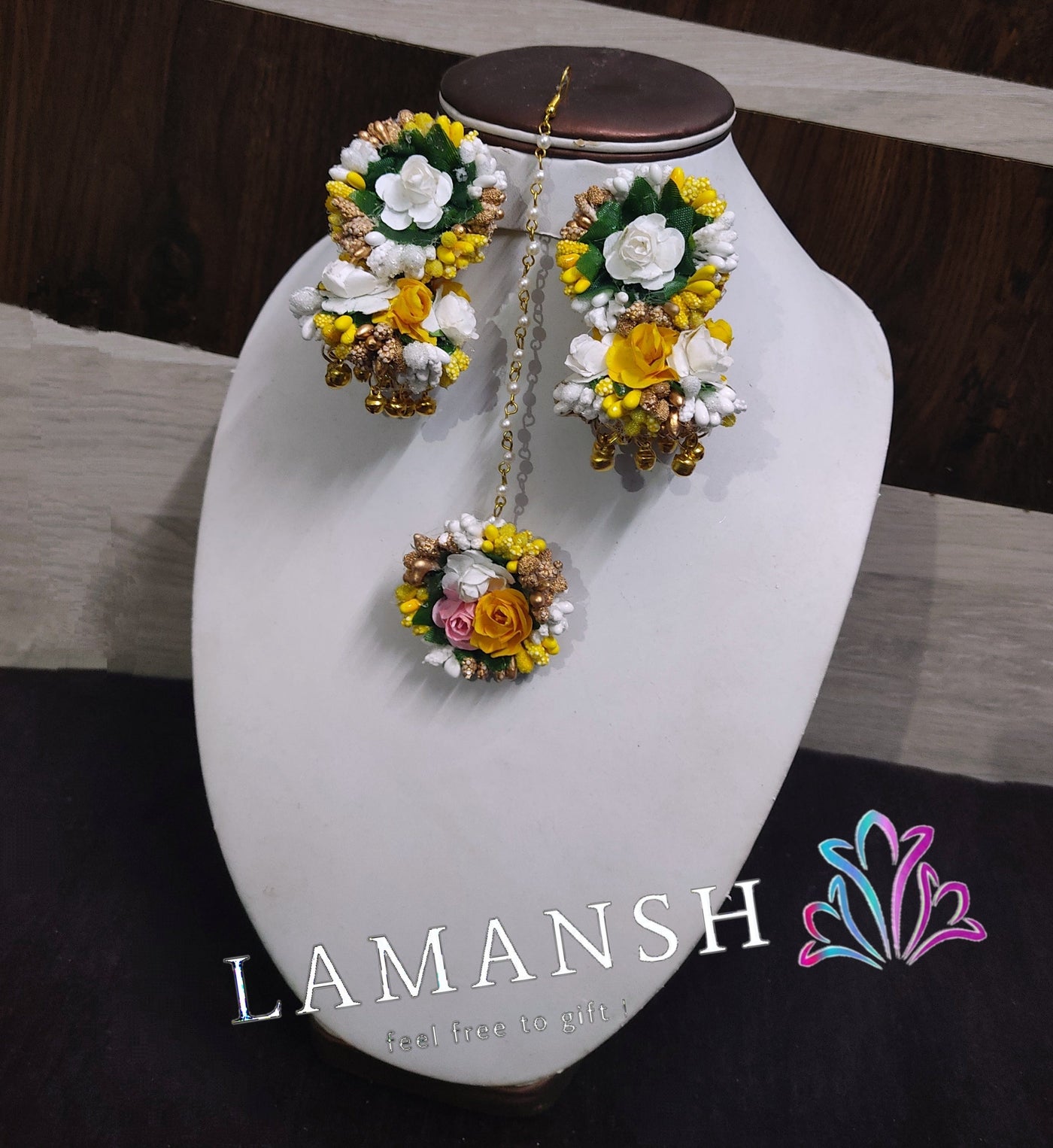 LAMANSH latest floral set Yellow White / Standard / Modern Bride look Lamansh® 🌸 Floral Jhumki Earrings , Teeka set / Haldi Mehendi Jewellery Set