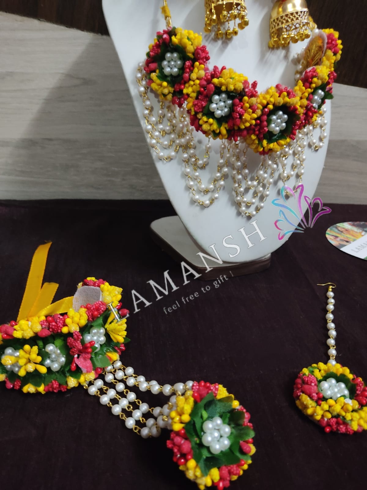 Lamansh latest floral sets 1 Necklace, 2 Earrings, 2 Bracelets Attached With ring & 1 Maangtika Set / Red - Yellow - Green LAMANSH® Special Haldi Mehendi 🌺 Jewellery Set / Floral Jewellery set