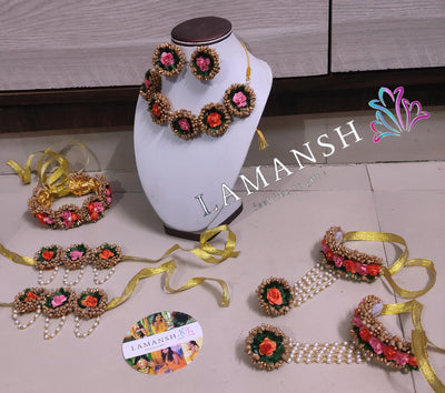 Lamansh latest jewellery LAMANSH® Artificial Flower 🌺 Jewellery set with matching Anklets & Hair Band / Floral Jewelry set for Haldi Mehendi ceremomy