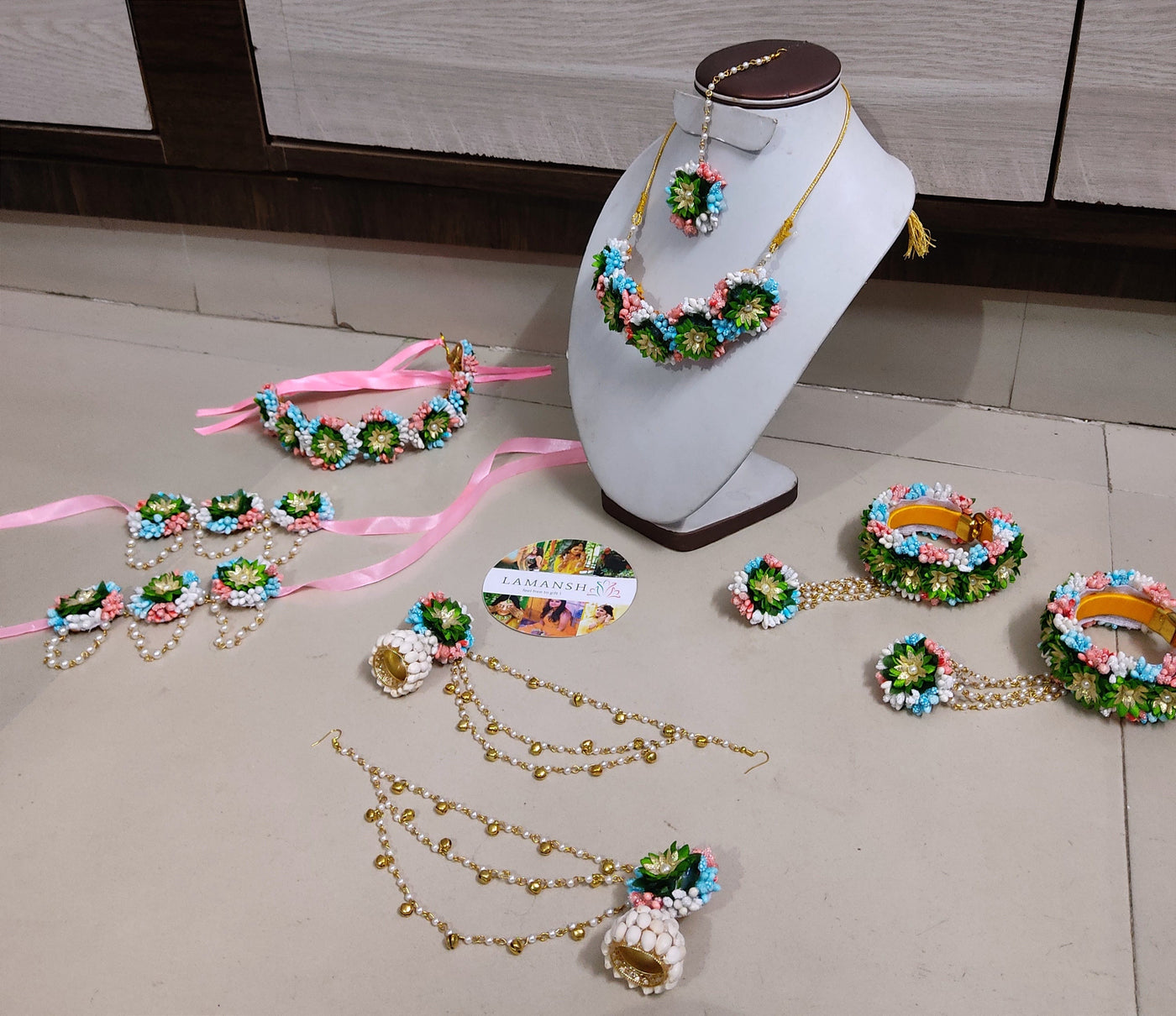 Lamansh latest Jewellery LAMANSH® Green Gold Touch Floral 🌺Jewellery Set for Bridal Haldi & Mehendi ceremony | Artificial Mogra set with Hair accessory & Payal