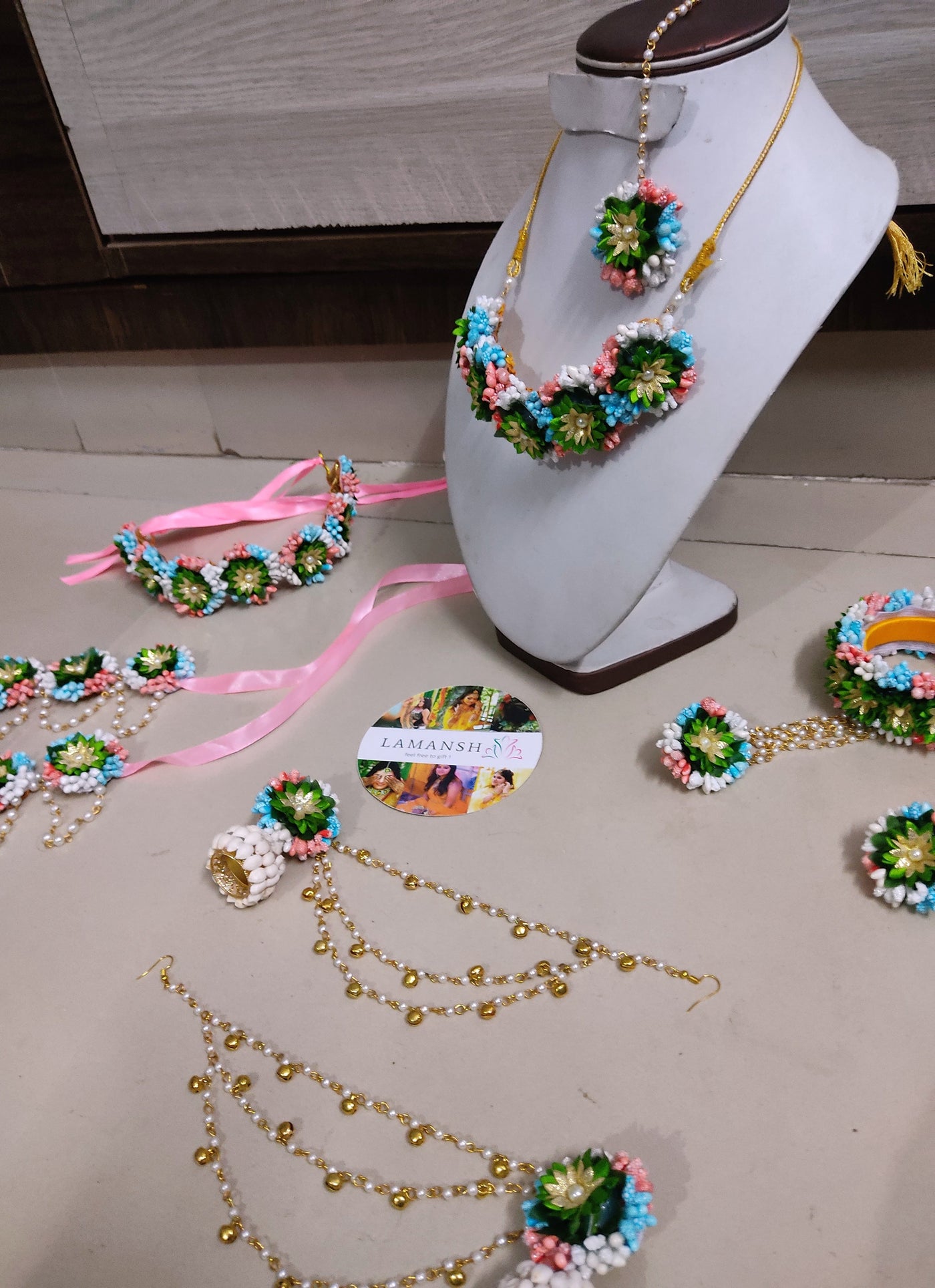 Lamansh latest Jewellery LAMANSH® Green Gold Touch Floral 🌺Jewellery Set for Bridal Haldi & Mehendi ceremony | Artificial Mogra set with Hair accessory & Payal