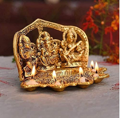 LAMANSH Laxmi Ganesh Saraswati Idol  Gold / Brass Alloy / Standard LAMANSH® Radhika Gift Items Laxmi Ganesh Saraswati Idol with 5 Diyas for Home Décor and Diwali Gift (Gold L.G.S with 5 Diyas)