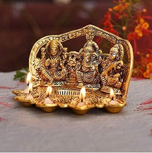 LAMANSH Laxmi Ganesh Saraswati Idol  Gold / Brass Alloy / Standard LAMANSH® Radhika Gift Items Laxmi Ganesh Saraswati Idol with 5 Diyas for Home Décor and Diwali Gift (Gold L.G.S with 5 Diyas)