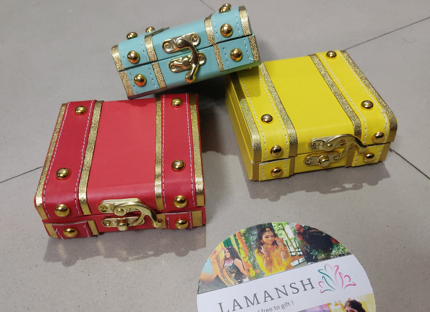 Lamansh leatherite boxes LAMANSH® (4*4*1.5 inch) Leatherette mini trunk boxes for gifting 🎁 / small leatherite lock boxes for wedding favors / cute gift ideas for family & friends