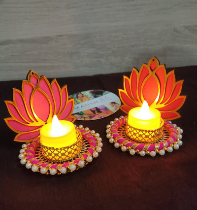 Lamansh lotus candle holder LAMANSH® Festive Decoration 🔥Lotus Candle Holder Stands / Lotus Tea Light Diya Holder Stand /GaneshChaturthi-Navrati-Temple-Diwali-Puja-Pooja Living Kid Room-Wedding-Decor ( LED Candles Included )