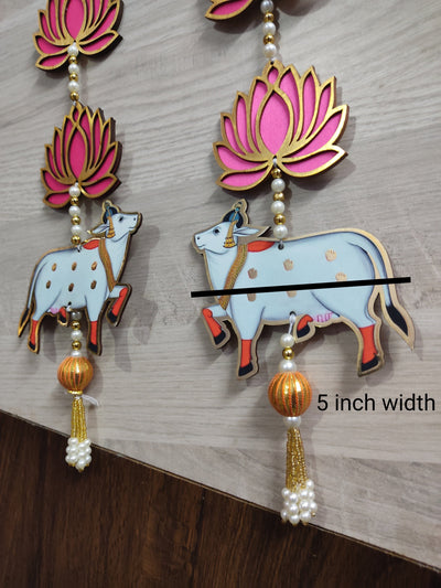 Lamansh lotus cow hanging LAMANSH® 22 inch Length Lotus Decorative hangings attached to Holy cow for Festival 🔥 Decoration/ Beautiful Trending MDF Lotus Hangings for Ganpati , Diwali , Home Decor, Puja Decor, housewarming, backdrop, mandir