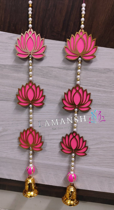 Lamansh lotus hanging LAMANSH® 2 feet length Lotus Decorative hangings attached to bell 🔔 toran for Festival 🔥 decoration / Wooden Lotus Hangings for Ganpati , Diwali , Home Decor, Puja Decor, housewarming, backdrop, mandir