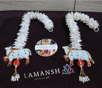 Lamansh lotus hanging LAMANSH® 3.5 ft Artificial Jasmine Hangings attached to kamdhenu cow 🐮 cutout and gota hanging | Decorative hangings for pooja mandir festive diwali backdrop decor
