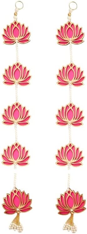 Lamansh lotus hanging LAMANSH® MDF Floral Wall Hangings with White Golden Beads, Pearls / Festive Decoration 🔥Lotus Hanging / Lotus Toran-BackDrop/GaneshChaturthi-Navrati-Tample-Diwali-Puja-Pooja Living Kid Room-Wedding-Decor