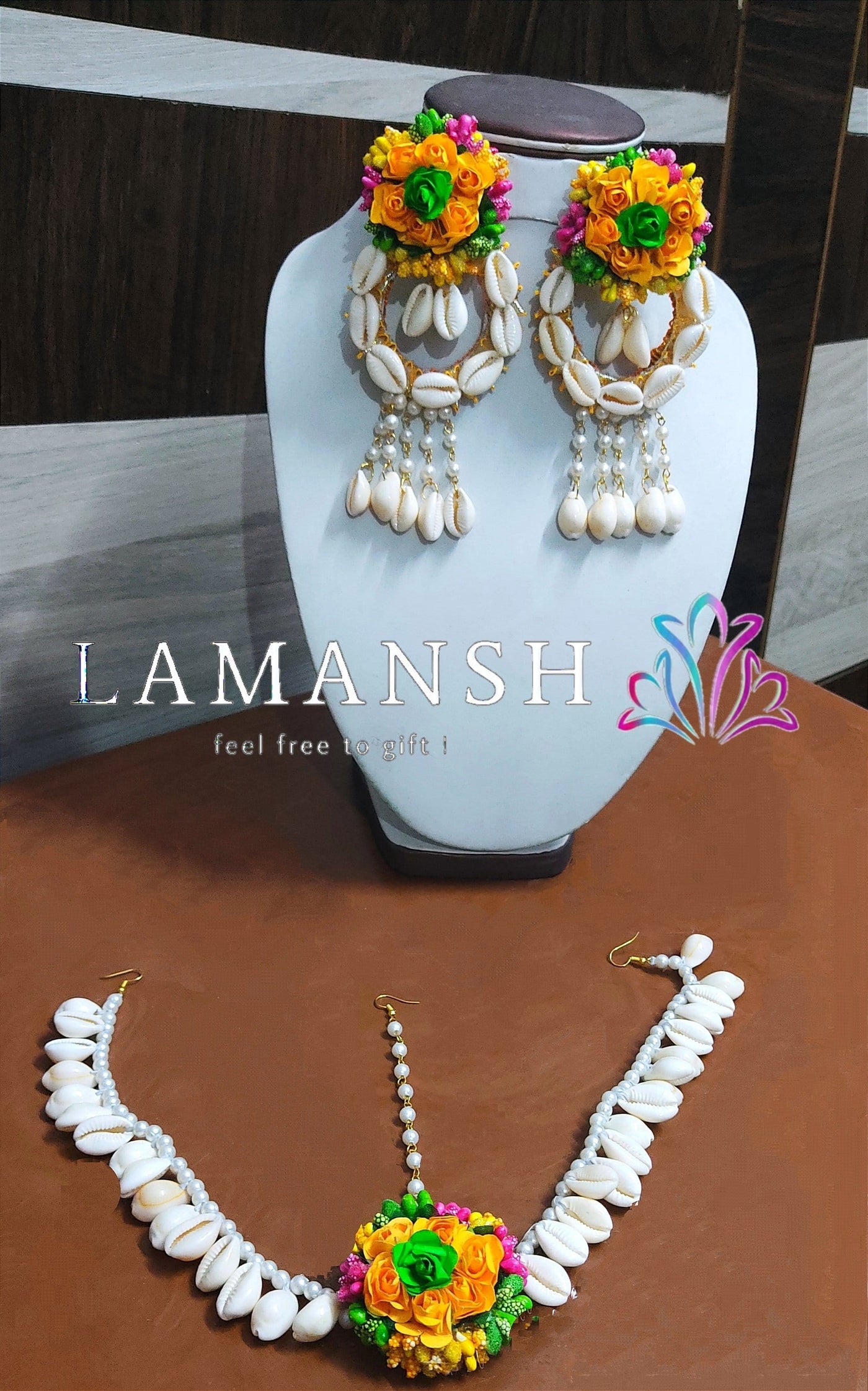 LAMANSH Maangtika, Earrings & Bangles set Green-yellow-Pink / Standard / Shells 🐚 Style Lamansh® Floral Jewellery Set With Pink touch Shells Maangtika & Earrings set