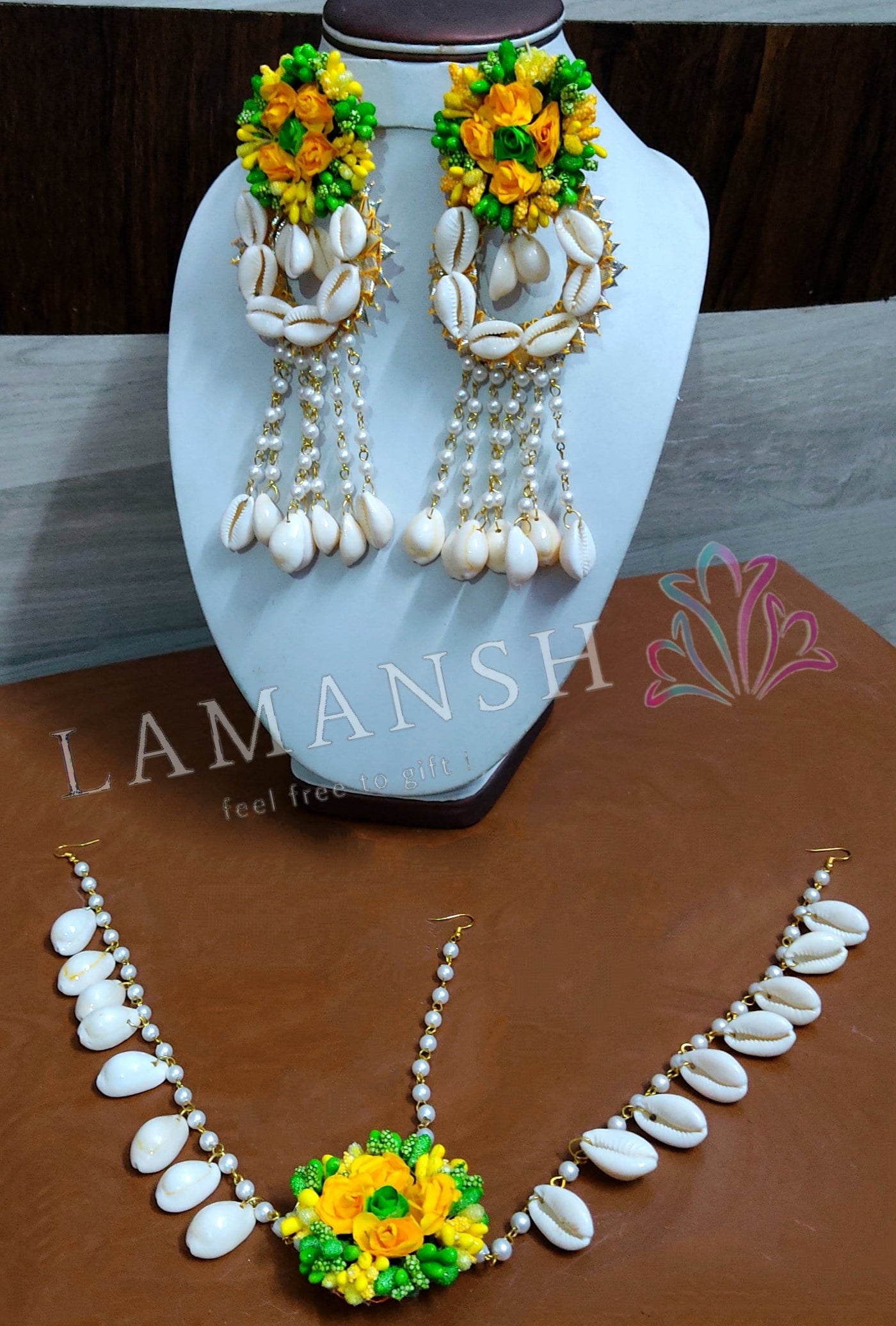 LAMANSH Maangtika, Earrings & Bangles set Green-yellow / Standard / Shells 🐚 Style Lamansh® Floral Jewellery Set With Shells Maangtika & Earrings set