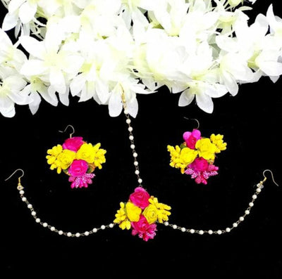 LAMANSH Maangtika, Earrings & Bangles set Pink-yellow / Standard / Fabric Flowers Lamansh® Floral Mathapatii & Earrings set / Haldi Ceremony Jewellery set