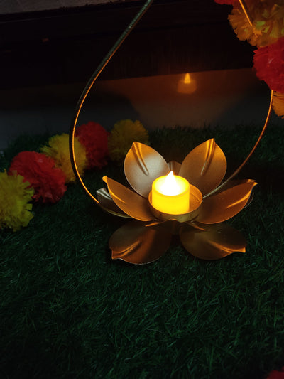 Lamansh marigold candle holder LAMANSH® 4.5 feet Metal Lotus Candle holder Stand attached to marigold garland / Lotus tea light candle holder decoration for diwali 🔆 & events