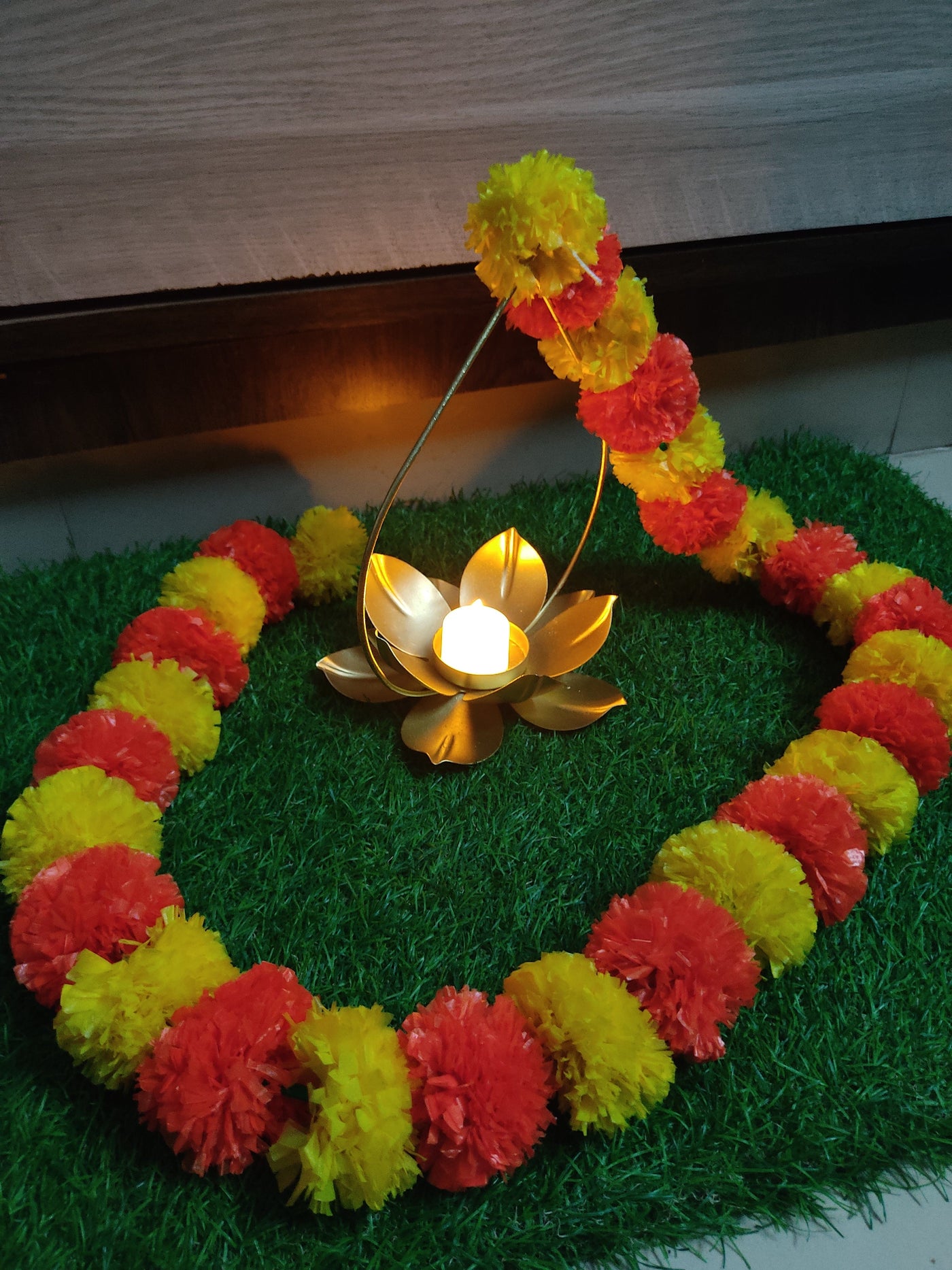Lamansh marigold candle holder LAMANSH® 4.5 feet Metal Lotus Candle holder Stand attached to marigold garland / Lotus tea light candle holder decoration for diwali 🔆 & events