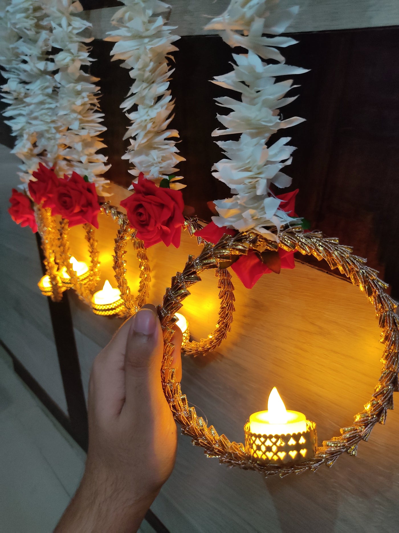Lamansh marigold candle holder LAMANSH® 5 Feet height Decorative Round Hanging Gota candle holder stand attached to jasmine & rose garlands / decoration for diwali 🔆 & navratri festive events