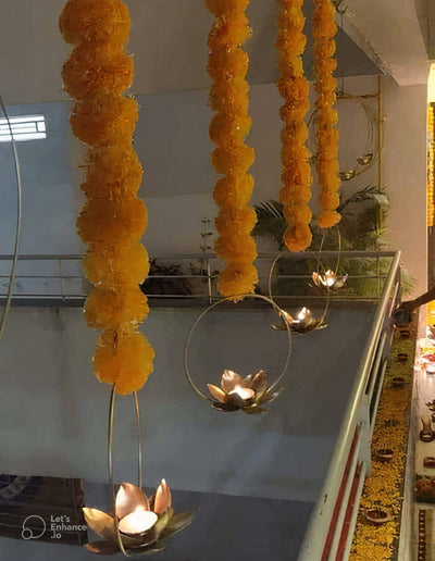 Lamansh marigold candle holder LAMANSH® Metal Round Candle holder Stand attached to marigold garland / Lotus Round tea light candle holder decoration for diwali 🔆 & events
