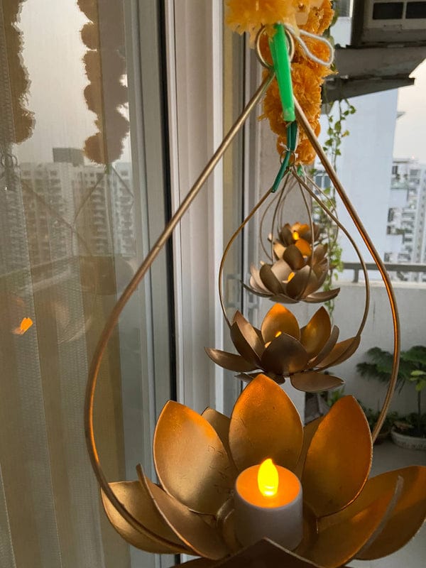 Lamansh marigold candle holder LAMANSH® Pack of 5 Lotus Candle holder Stand attached to marigold garland / Lotus tea light candle holder decoration for diwali 🔆 & events