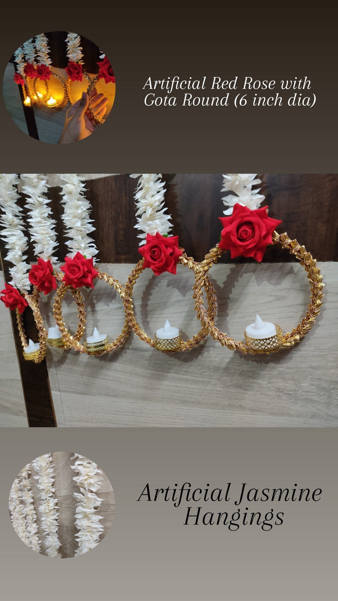 Lamansh marigold candle holder Pack of 70 Hangings at 130 Rs each (5 Feet height) Decorative Round Hanging Gota candle holder stand attached to jasmine & rose garlands / decoration for diwali 🔆 & navratri festive events