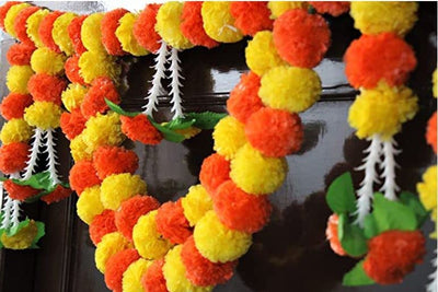 LAMANSH ® marigold hangings Yellow & Orange LAMANSH Artificial Marigold Fluffy Flowers Garlands & Leaves Door Toran /Door Hangings Bandhanwar (Yellow & Dark Orange)
