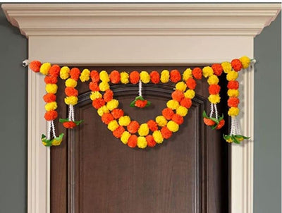 LAMANSH ® marigold hangings Yellow & Orange LAMANSH Artificial Marigold Fluffy Flowers Garlands & Leaves Door Toran /Door Hangings Bandhanwar (Yellow & Dark Orange)