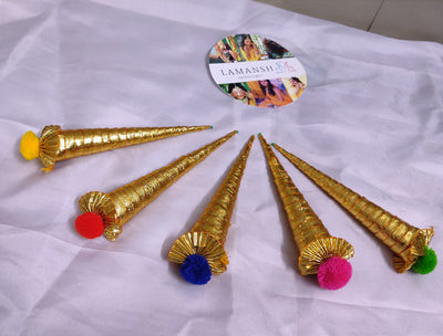 Lamansh mehendi cones LAMANSH® 12 Pcs Gota pom pom work Mehendi Cones for Hand Natural Mehndi Cones for Hand Designing Reddish Brown Color Long Lasting Mehandi Pack of 12