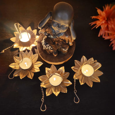 Lamansh metal candle holder LAMANSH® Decorative hanging lotus shaped metal candle holder attached to chain for Diwali Navratri Ganpati Mandap & Pooja Wall decoration