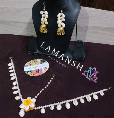 LAMANSH modern shells jewellery White Yellow / Standard / Shells 🐚 Style LAMANSH® Bridal Seashells 🐚 Jewellery set with jhumki earrings