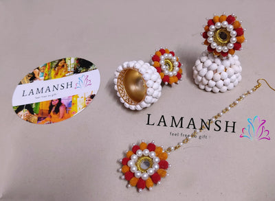 Lamansh mogra earrings & maangtika set 2 Earrings & 1 Maangtika / Red White & Orange LAMANSH® Mogra X Mirror Floral 🌺 beads Earrings & Maangtika Mogra set / Best for Haldi ceremony