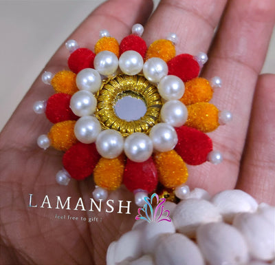Lamansh mogra earrings & maangtika set 2 Earrings & 1 Maangtika / Red White & Orange LAMANSH® Mogra X Mirror Floral 🌺 beads Earrings & Maangtika Mogra set / Best for Haldi ceremony