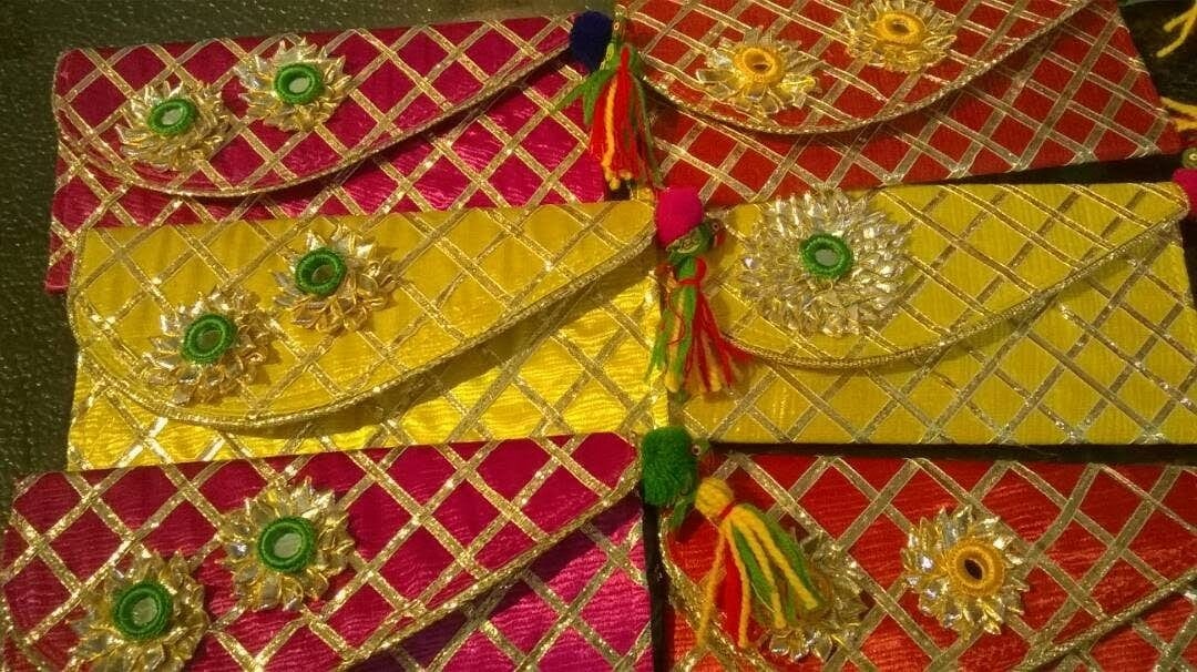 LAMANSH Multi Envelope Assorted Colours / Fabric / 10 Lamansh® ( Pack of 10) Gota Check Clutches / Shagun Envelope Designs, Give Lifafa Envelopes On Weddings, Anniversaries, Festivals, Family functions 
