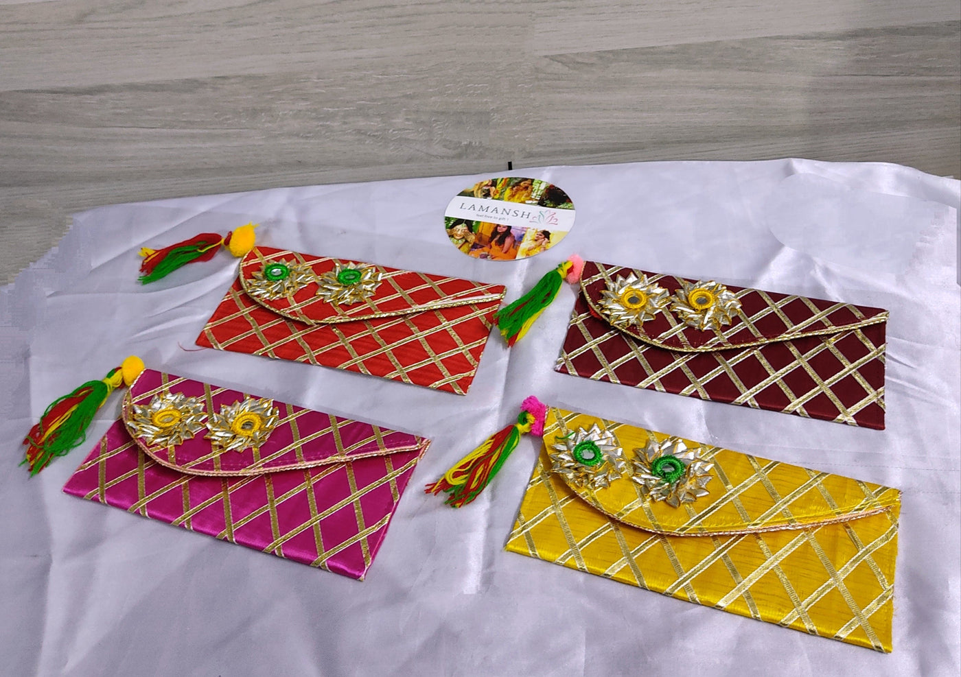 LAMANSH Multi Envelope Assorted Colours / Fabric / 10 Lamansh® ( Pack of 10) Gota Check Clutches / Shagun Envelope Designs, Give Lifafa Envelopes On Weddings, Anniversaries, Festivals, Family functions 