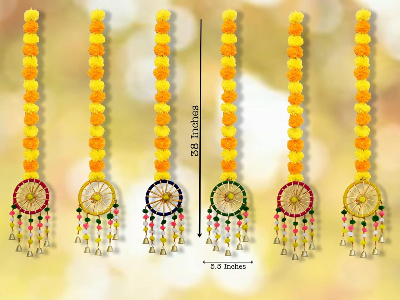 Lamansh Multicolor / Wood / 6 LAMANSH® Pack of 6 Handmade Artificial Marigold Flowers Colorful Ring Pom Pom Hanging for Home/Office