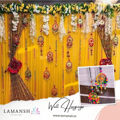 LAMANSH Multicolor / Wood / Fabric / 10 LAMANSH® (Pack of 10) Hangings for Wedding Decor / Dreamcatcher Wall Hangings for Indian Shaadi Decorations & Photobooth Backdrop