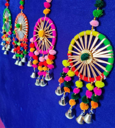 LAMANSH Multicolor / Wood / Fabric / Gota / 20 LAMANSH® ( Pack of 20 ) Round Gota Chakri Hangings Wedding Decor Dreamcatcher Wall Hangings Indian Shaadi Decorations Decor Photobooth Backdrop