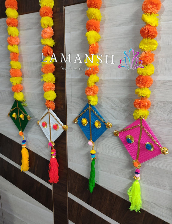 LAMANSH 5 Ft Artificial Marigold Fluffy Flowers Colorful Woollen Kite Hanging for Event Decoration & backdrop