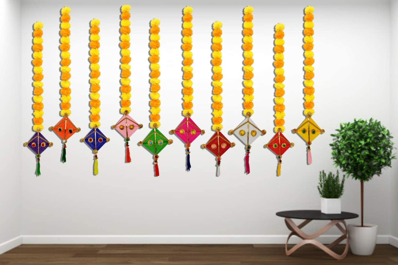 LAMANSH Multicolor / Wool & Gota / 10 LAMANSH® (Pack of 10) 2.5 Ft Handmade Artificial Marigold Fluffy Flowers Colorful Woollen Kite Hanging